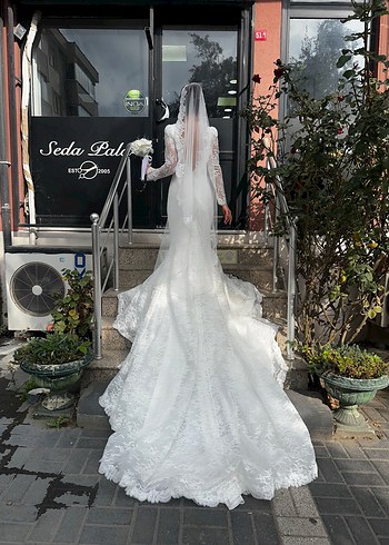 Fransız Dantelli Balık Model Uzun Kollu Sırt Dekolteli Gelinlik - Görsel 11