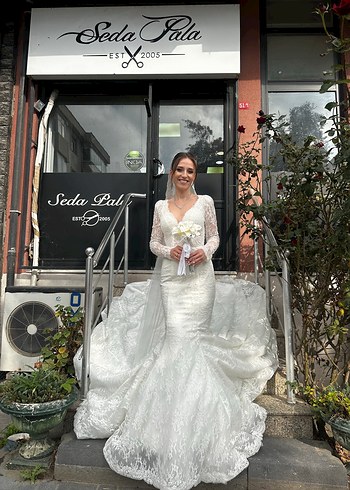 Fransız Dantelli Balık Model Uzun Kollu Sırt Dekolteli Gelinlik - Görsel 12