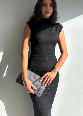 Drapeli Siyah Yılan Desenli Uzun Kalem Elbise - Görsel 3