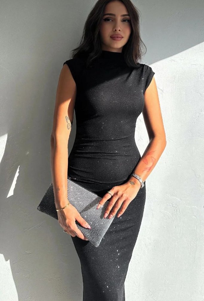 Drapeli Siyah Yılan Desenli Uzun Kalem Elbise - Görsel 3