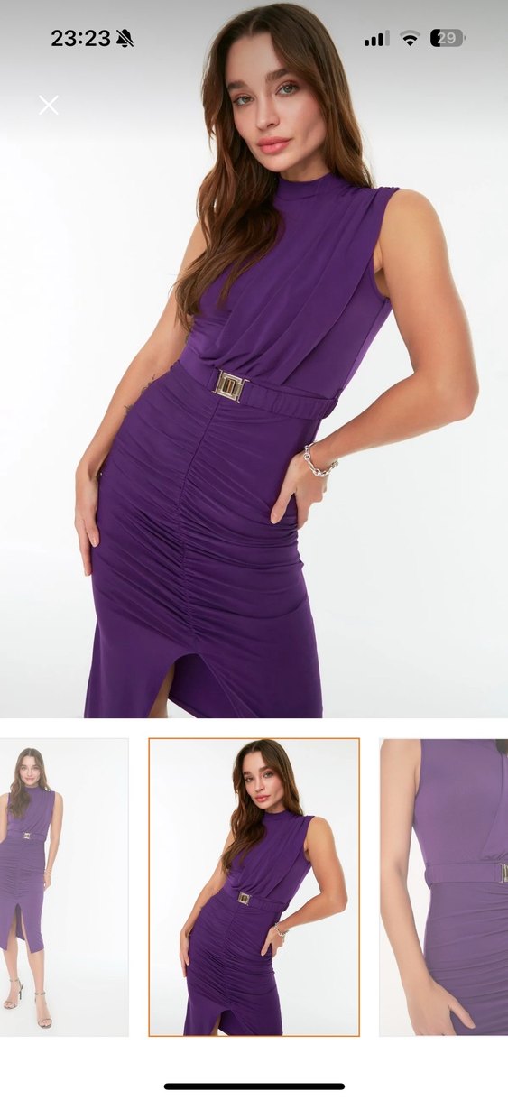 Uzun Mor Askılı Drapeli Kalem Elbise - Görsel 3