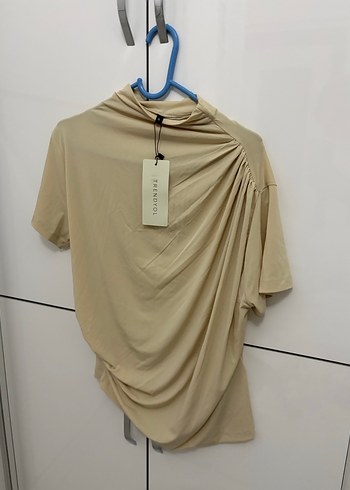 xl Beden ten rengi Renk Drapeli Bej Kadın Bluz Yüksek Yakalı