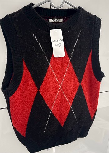 Kırmızı Siyah Örgü Yün Kadın Süveter - Görsel 3