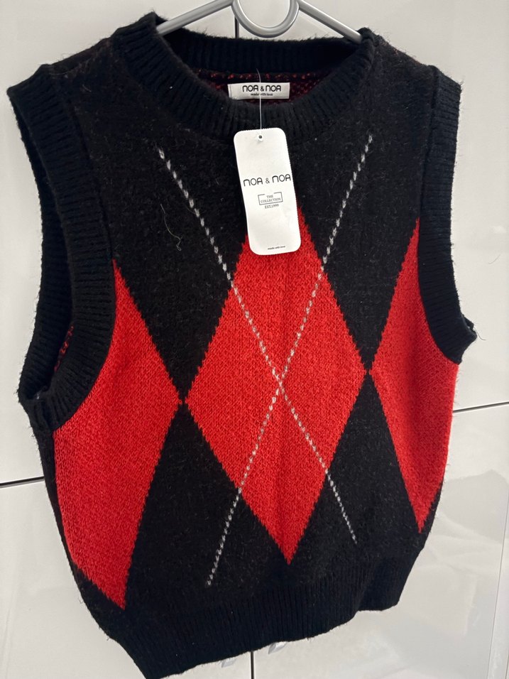 Kırmızı Siyah Örgü Yün Kadın Süveter - Görsel 3