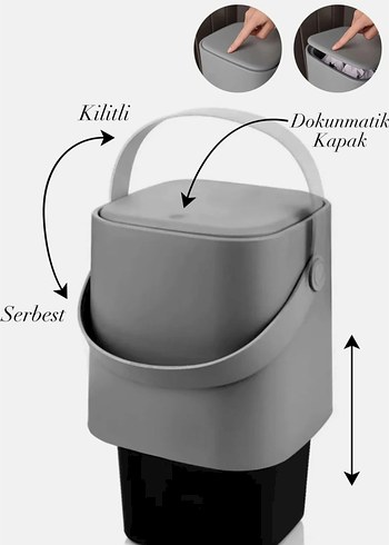 Diğer Gri Deri Kulp ve Click Kapaklı 4 Litre tezgah üstü çöp kovası