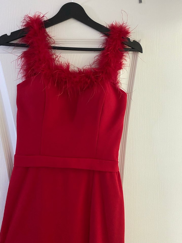 Kadın Kırmızı Straplez Kürklü Midi Elbise - Görsel 2