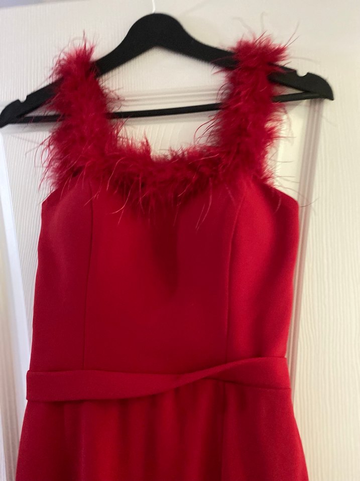 Kadın Kırmızı Straplez Kürklü Midi Elbise - Görsel 3