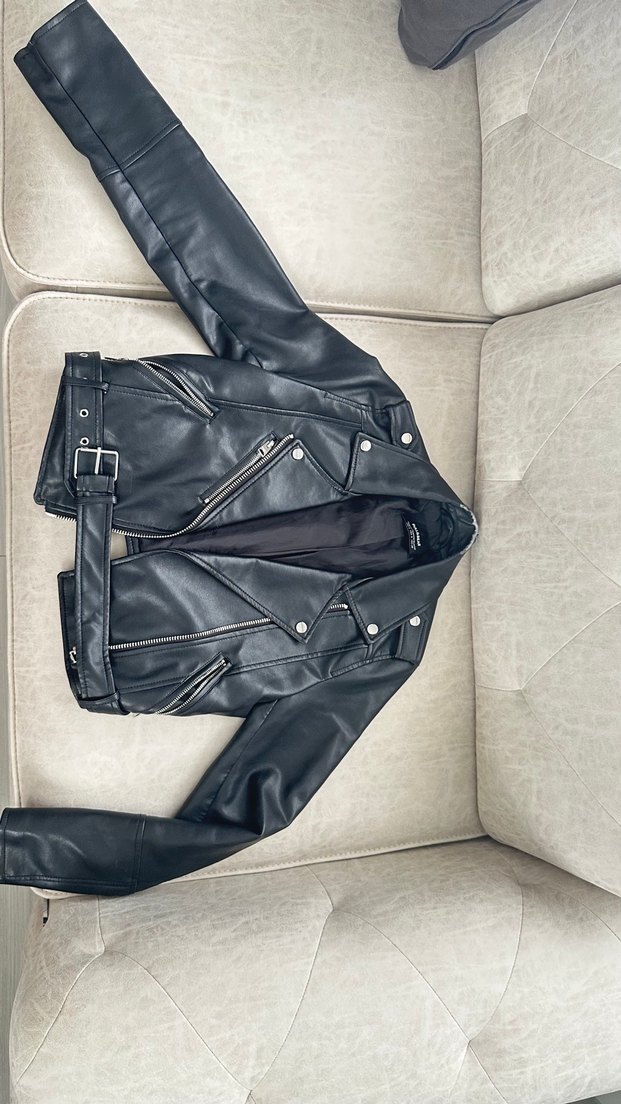 Kadın Siyah Deri Biker Ceket - Görsel 3