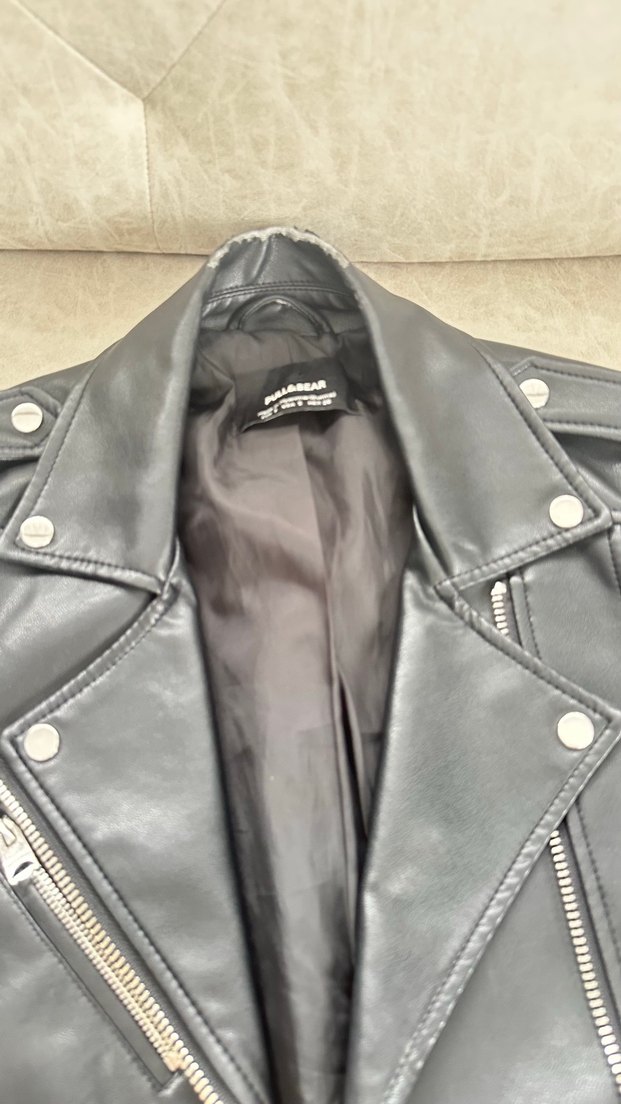 Kadın Siyah Deri Biker Ceket - Görsel 4