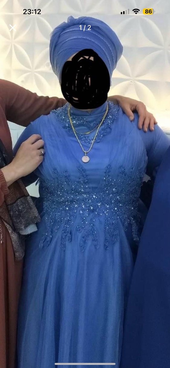 Mavi Uzun Kollu İşlemeli Abiye - Görsel 2