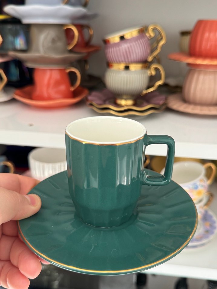 Gri ve yeşil porselen Fincan Takımı - Görsel 4