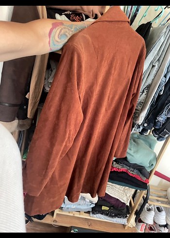 Diğer Düğmeli Kahverengi Süet Midi Kadın Kaban