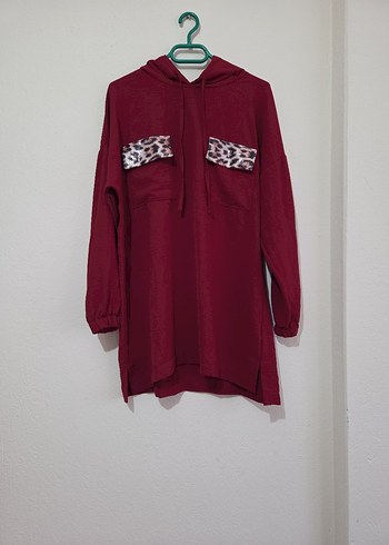 Leopar Detaylı Kapüşonlu Bordo Sweatshirt