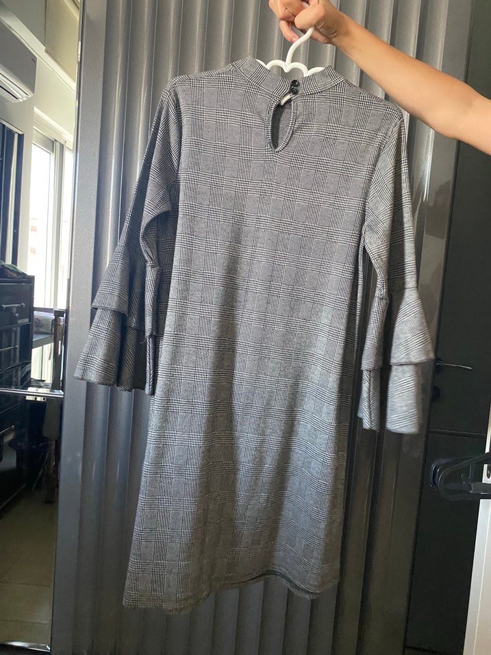 Gri Mini Uzun Kollu Piliseli Triko Elbise - Görsel 2