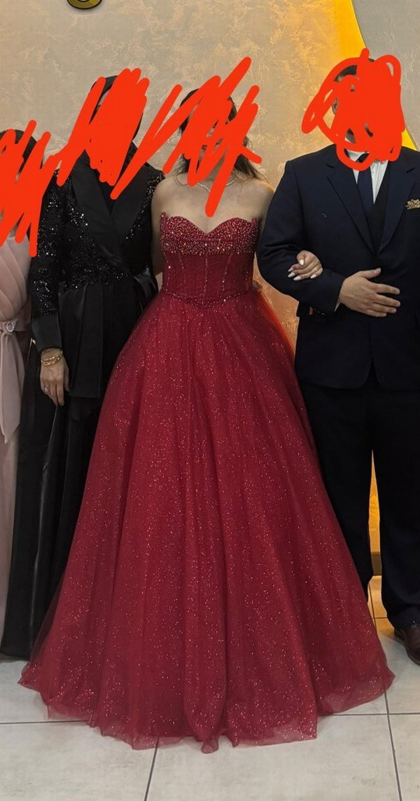 Kırmızı Straplez Parlak Uzun Abiye - Görsel 3