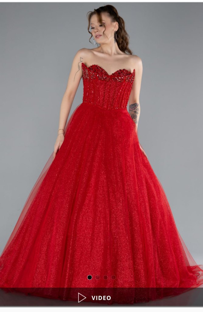 Kırmızı Straplez Parlak Uzun Abiye - Görsel 4