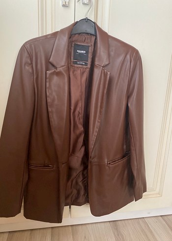 Düğmeli Kahverengi Deri Kadın Blazer Ceket