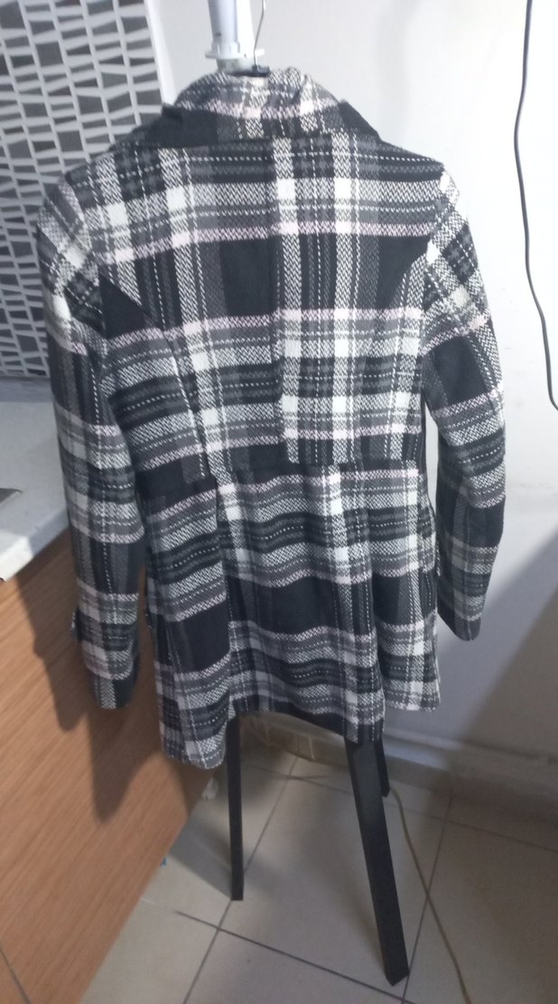 Düğmeli Gri Ekose Midi Kadın Kaban - Görsel 4