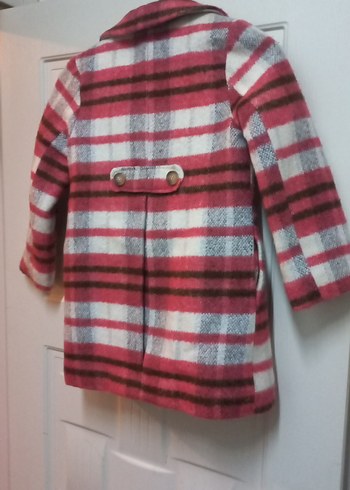 Kız Çocuk Düğmeli Pembe Gri Ekose Kaban - Görsel 3