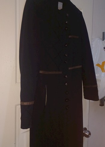 Düğmeli Siyah Yün Kadın Uzun Kaban - Görsel 3