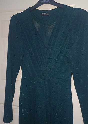 Uzun, Drapeli, Koyu Yeşil Kadın Elbise - Görsel 3