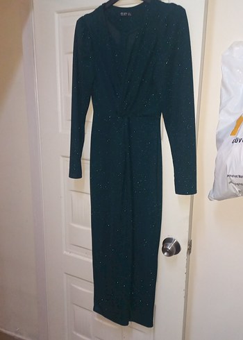 Uzun, Drapeli, Koyu Yeşil Kadın Elbise - Görsel 2