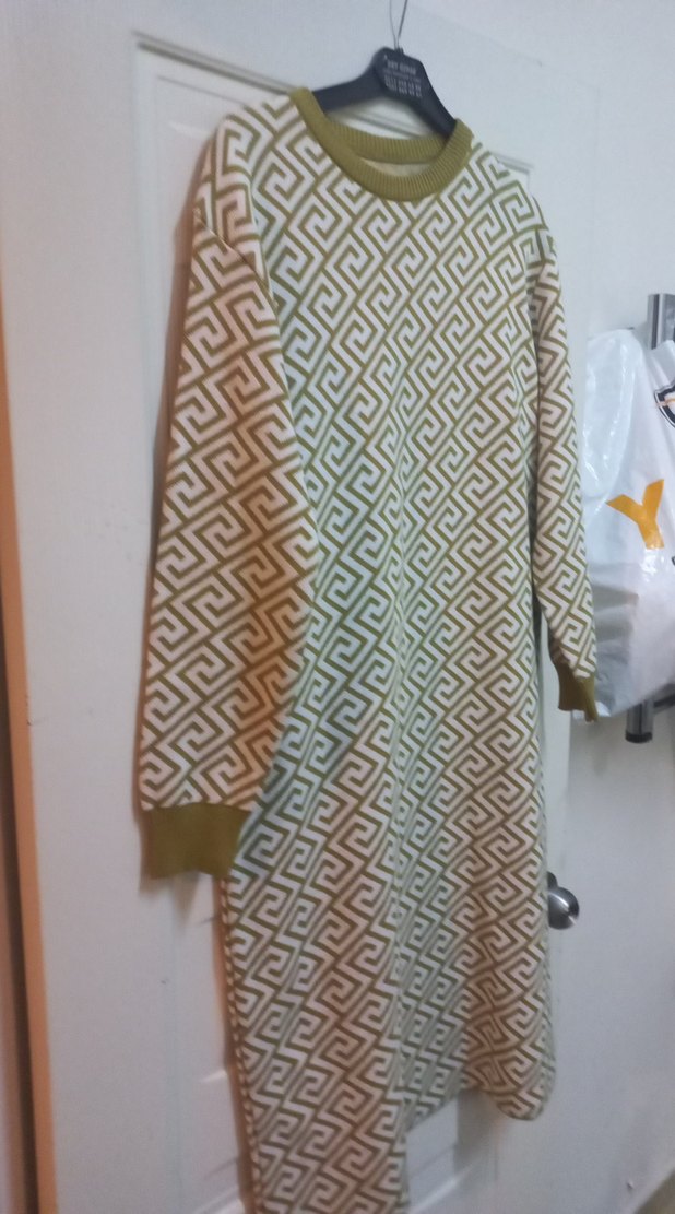 Bej Desenli Uzun Triko Elbise - Görsel 2