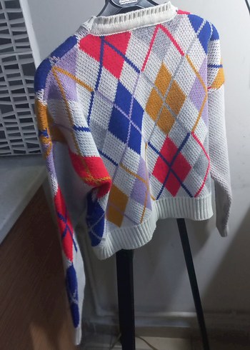 Renkli Ekose Desenli Örgü Kadın Kazak - Görsel 3