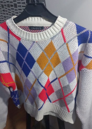 Renkli Ekose Desenli Örgü Kadın Kazak - Görsel 2