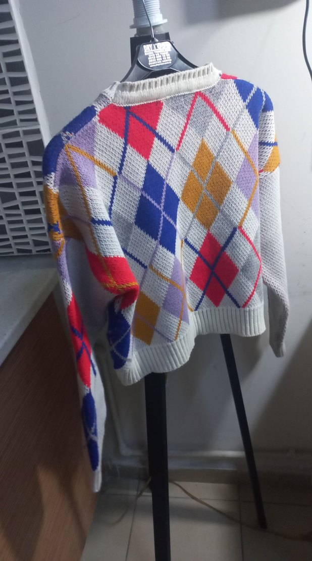 Renkli Ekose Desenli Örgü Kadın Kazak - Görsel 3