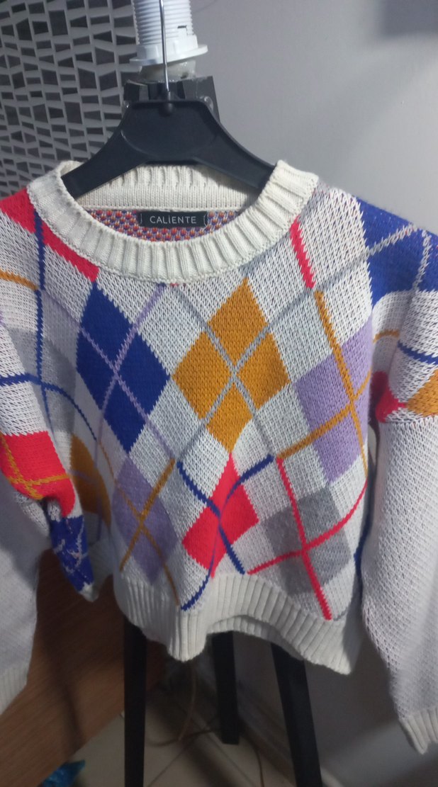 Renkli Ekose Desenli Örgü Kadın Kazak - Görsel 2