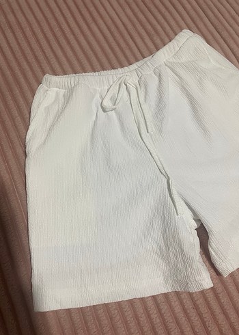 Beyaz Keten Mini Rahat Şort - Görsel 2
