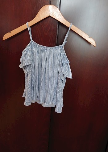 Kız Çocuk Mavi Askılı Pileli Denim Bluz - Görsel 2