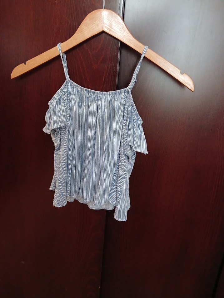 Kız Çocuk Mavi Askılı Pileli Denim Bluz - Görsel 2