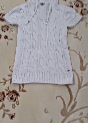 Kısa Kollu Kapüşonlu Beyaz Örgü Kadın Kazak - Görsel 6