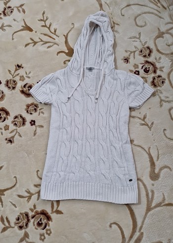 Kısa Kollu Kapüşonlu Beyaz Örgü Kadın Kazak - Görsel 8