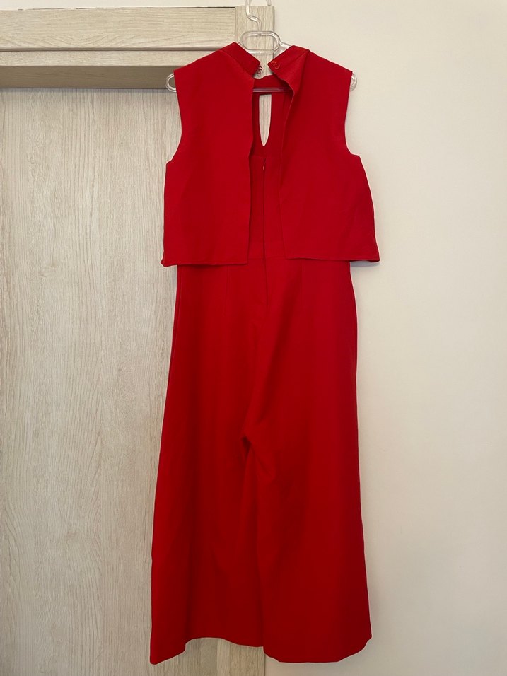 Uzun Kollu Kırmızı Kadın Tulum - Görsel 2