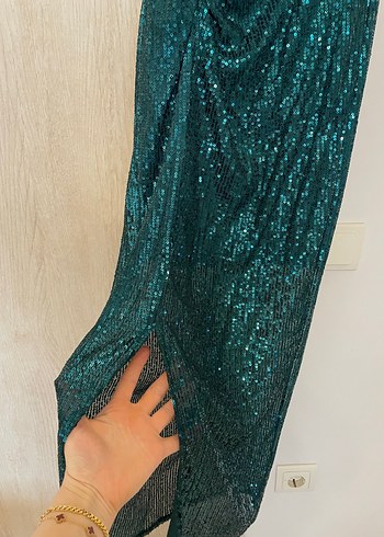 Parlak Turkuaz Yılan Desenli Uzun Abiye Elbise - Görsel 4