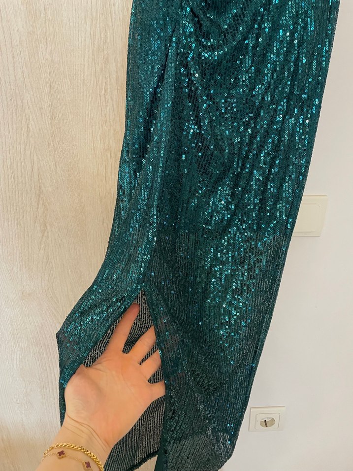 Parlak Turkuaz Yılan Desenli Uzun Abiye Elbise - Görsel 4