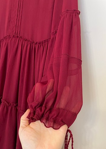 Bordo Renkli Uzun Kollu Midi Elbise - Görsel 2