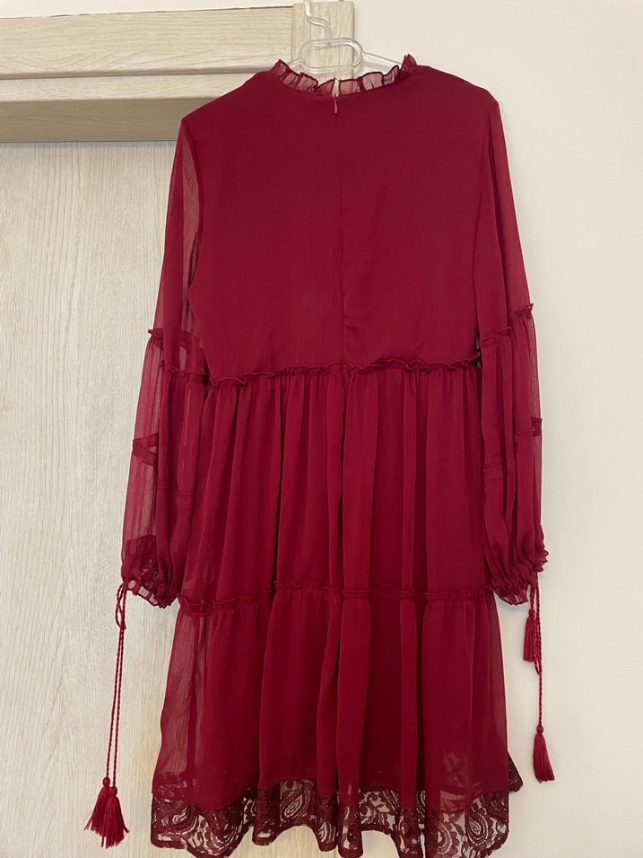 Bordo Renkli Uzun Kollu Midi Elbise - Görsel 3