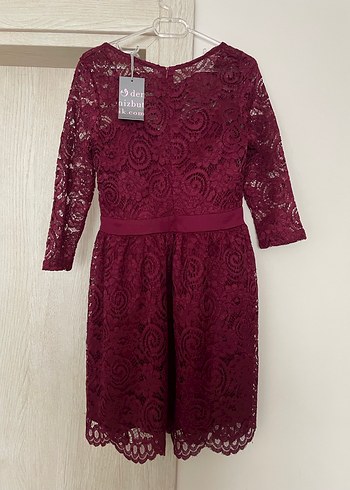 Bordo Dantel Uzun Kollu Midi Elbise - Görsel 2