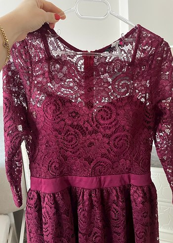 Bordo Dantel Uzun Kollu Midi Elbise - Görsel 3