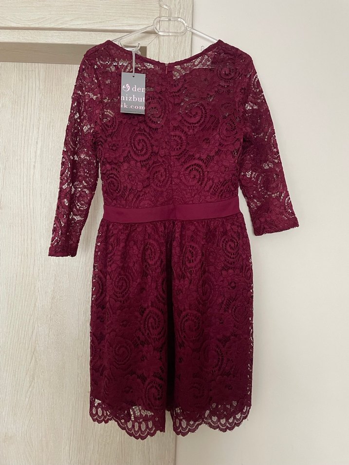 Bordo Dantel Uzun Kollu Midi Elbise - Görsel 2