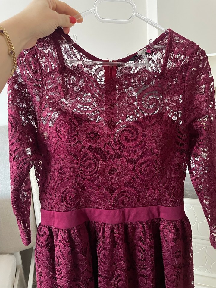 Bordo Dantel Uzun Kollu Midi Elbise - Görsel 3