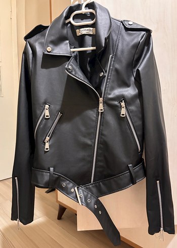 Siyah Deri Biker Ceket, Fermuarlı, İnce Kesim - Görsel 3