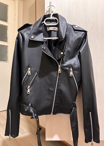 Siyah Deri Biker Ceket, Fermuarlı, İnce Kesim - Görsel 2
