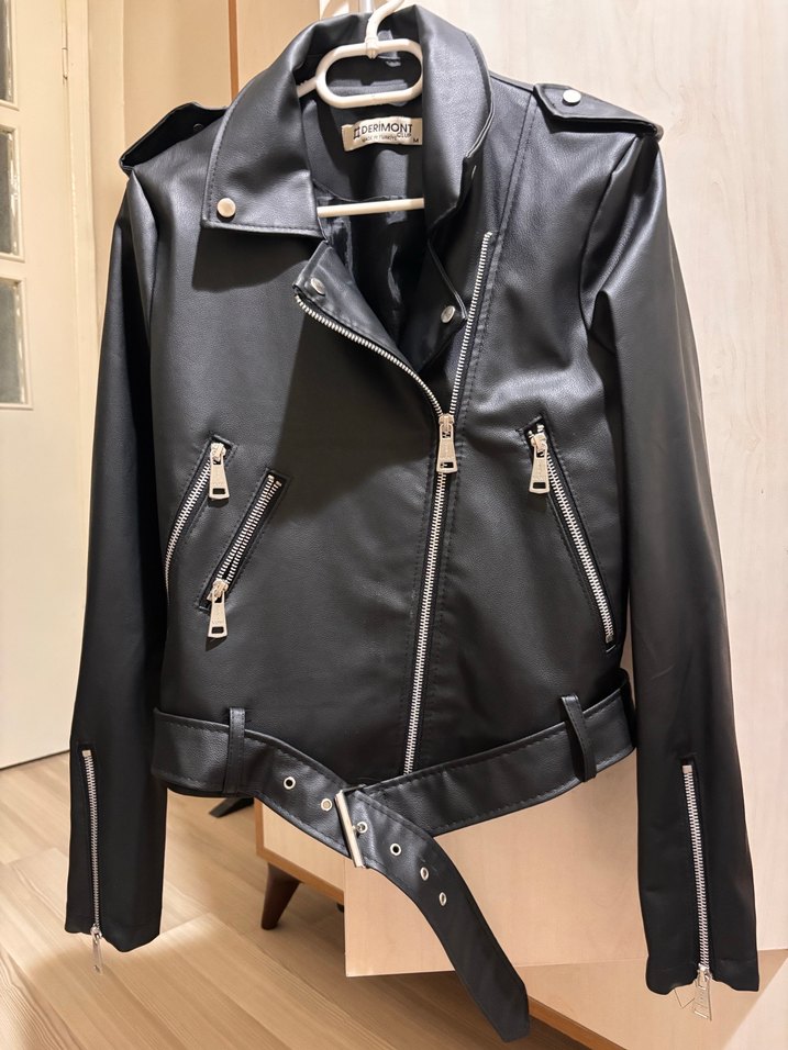 Siyah Deri Biker Ceket, Fermuarlı, İnce Kesim - Görsel 3