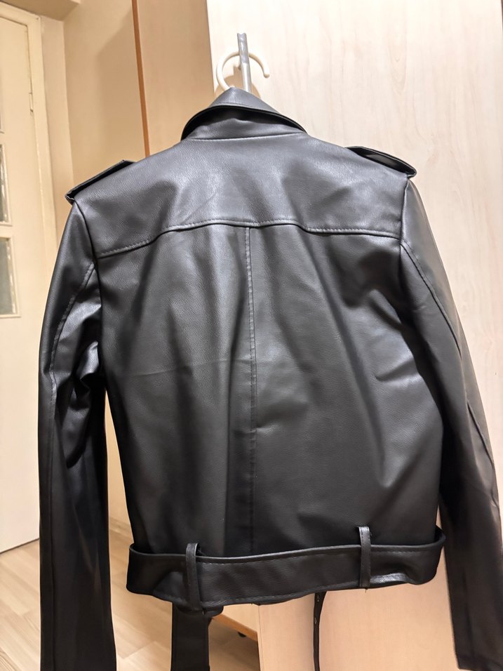 Siyah Deri Biker Ceket, Fermuarlı, İnce Kesim - Görsel 4