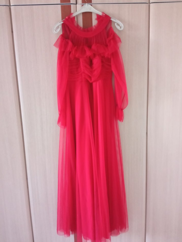 Uzun Kollu Kırmızı Vintage Uzun Elbise - Görsel 2